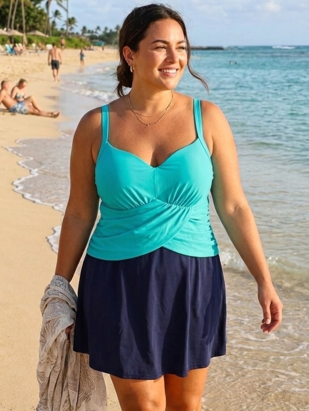 Swimsuits For All Colorblock Teal & Navy Twist Top Faux Wrap Tank Swim Dress 26